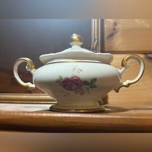 Vintage Porcelain Lidded Sugar Bowl with Pink Rose and Gold Trim